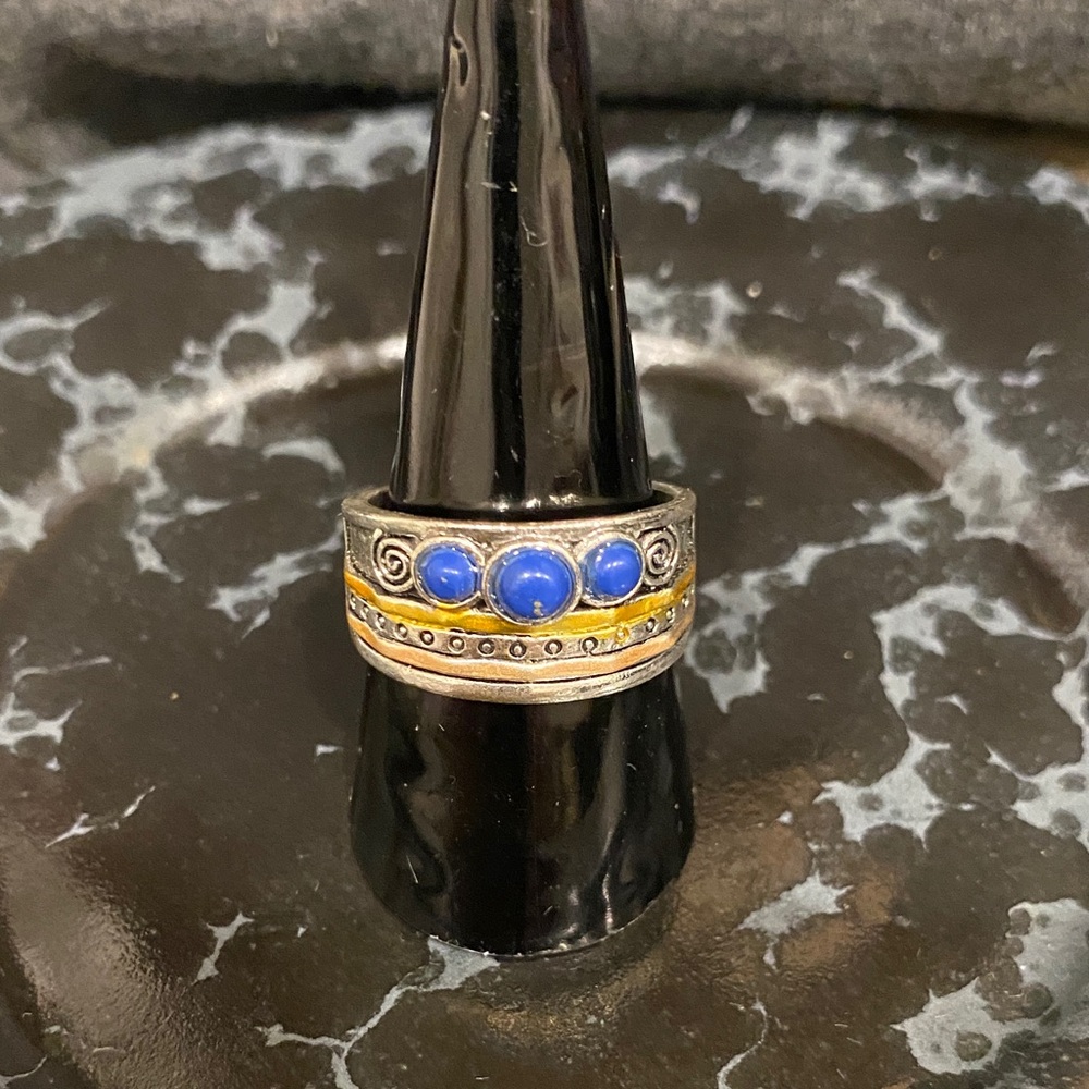 Sterling-Inspired Blue and Gold Accent Women's Statement Ring